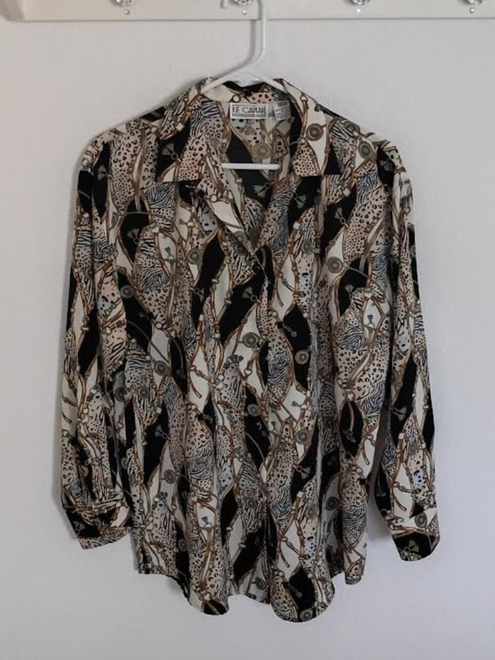 VINTAGE LE CAVIAR WOMEN'S TOP LONG SLEEVE BLACK TAN LEOPARD BELTS 80'S 90'S MED